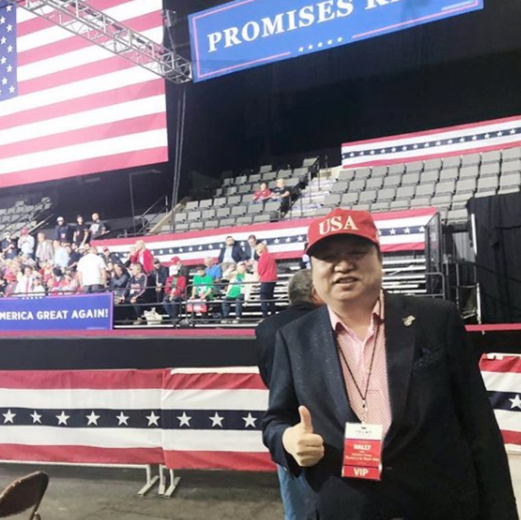 Tao Liu with a VIP pass at a Trump rally in Wheeler, W.V., on Sept. 29, 2020.