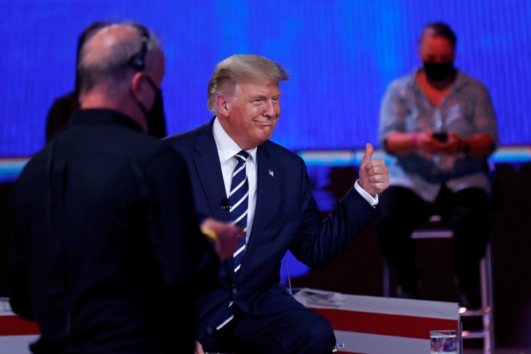 Image: President Donald Trump gives a thumb up during a live one-hour NBC News town hall forum with a group of Florida voters in Miami, Fla.