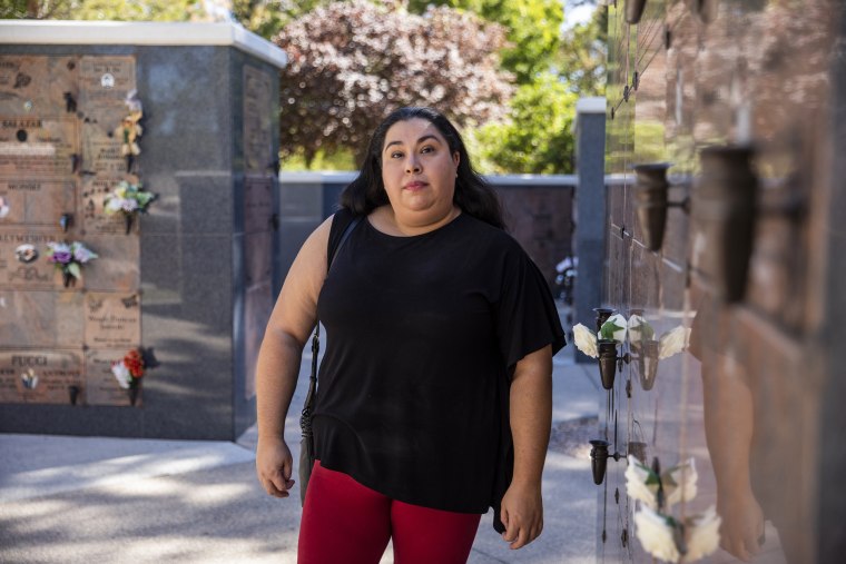 Kenia Leon at the cemetery where her mother's ashes are interred in Las Vegas.