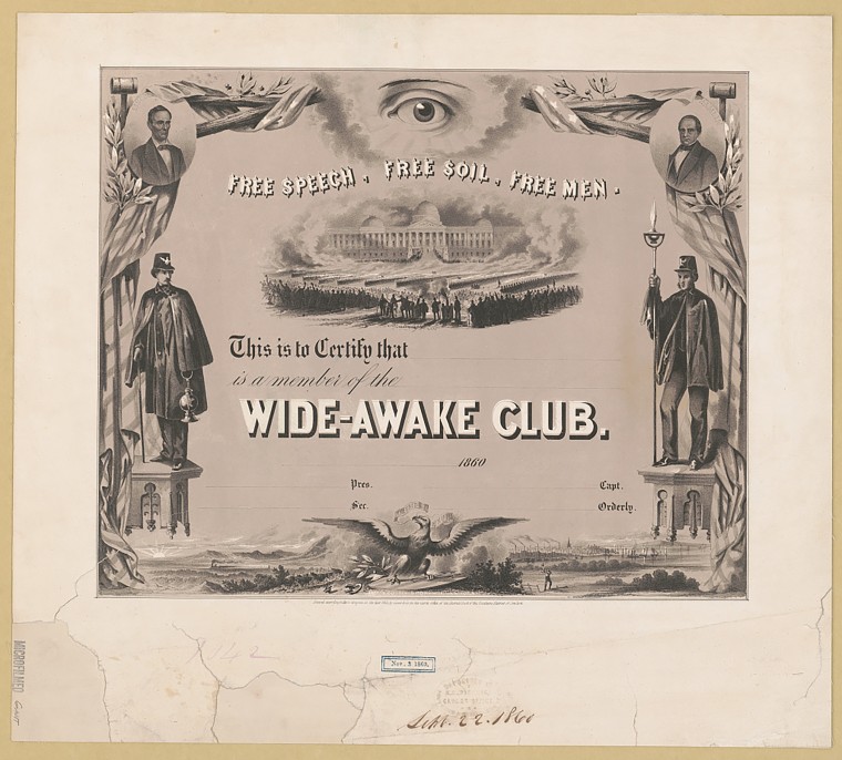 A membership certificate from the Wide Awakes of 1860 archives in Hartford, Connecticut. 