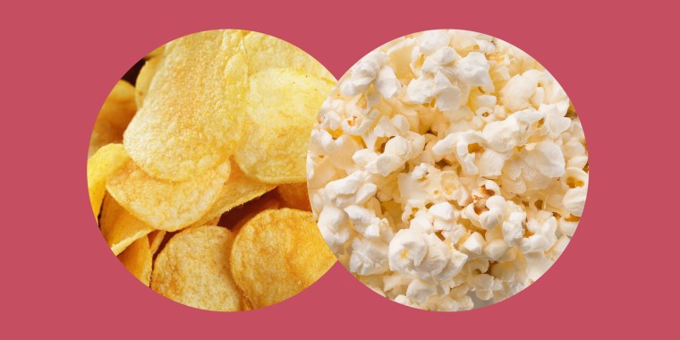 Swapping three large handfuls of potato chips for the same serving of air-popped popcorn will save you more than 300 calories.
