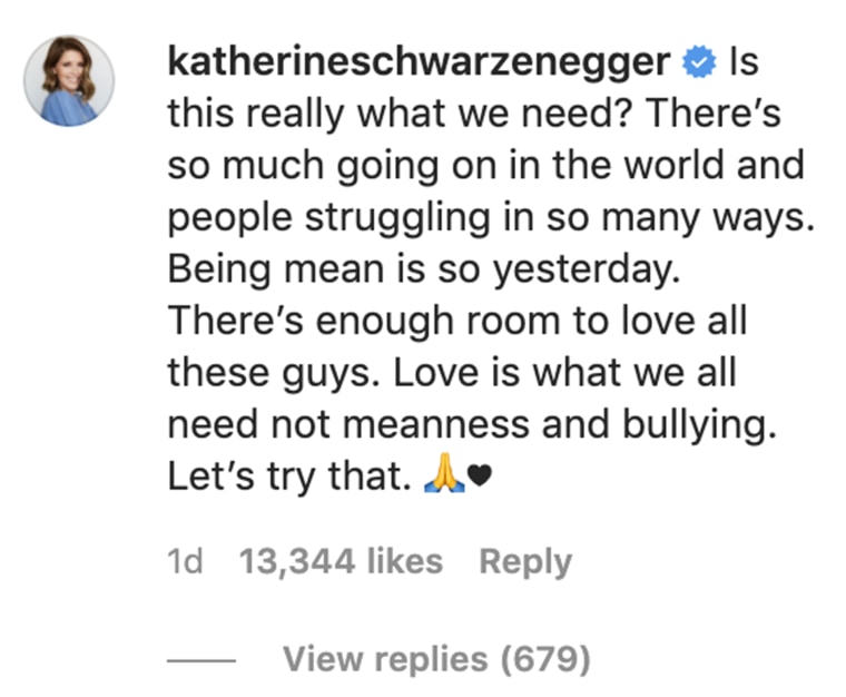 Katherine Schwarzenegger defended husband Christ Pratt on Instagram.