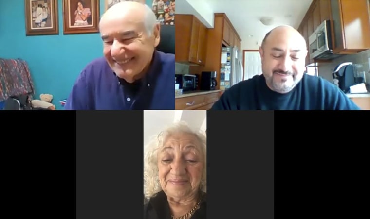 In this photo taken from video provided by Ruth Brandspiegel, Israel "Sasha" Eisenberg, left, Ruth Brandspiegel, bottom, and her son Larry Brandspiegel, right, tell stories of their time in a post-World War II displaced persons camp and rejoice in their recent reunion in East Brunswick, N.J., Tuesday, Oct. 13, 2020.