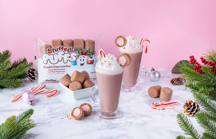 Stuffed Puffs says you can easily make a cup of hot chocolate with just hot milk and their cocoa marshmallows stuffed with peppermint and white chocolate.