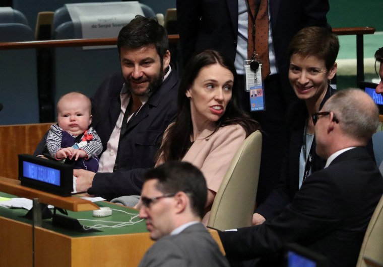 Image: New Zealand Prime Minister Jacinda Ardern sits with her baby Neve before speaking at the Nelson Mandela Peace Summit during the 73rd United Nations General Assembly in New York