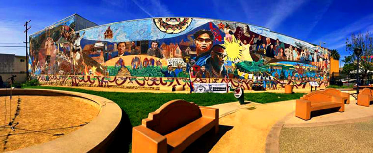 Eliseo Silva, the designer of the Historic Filipinotown gateway, also painted a sprawling mural in Historic Filipinotown's Unidad Park.