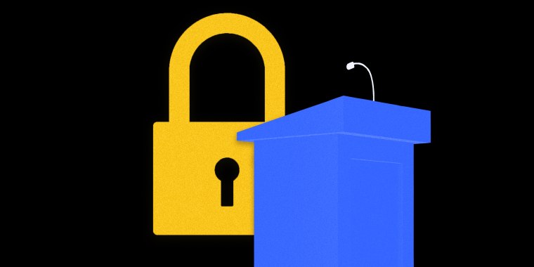 Image: A yellow lock next to a blue debate podium.