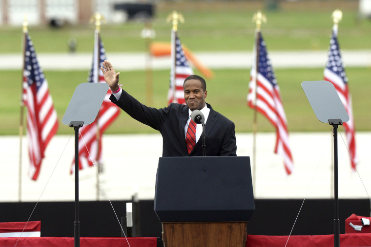Republican Senate candidate John James speaks during a rally for President Donald Trump at MBS International Airport on Sept. 10, 2020, in Freeland, Mich.