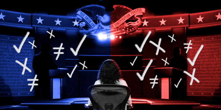 Image: Moderator watches over the debate stage which is divided into red and blue colored overlays. Scribbled check marks and crosses surround the silhouettes of the two debaters on stage.