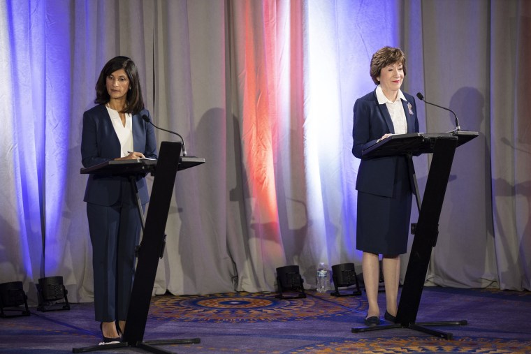 Maine House Speaker Sara Gideon, left, and incumbent Sen. Susan Collins at a debate on Sept. 11, 2020 in Portland, Maine.
