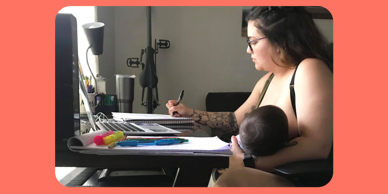 Mom Marcella Mares breastfeeds her daughter while doing schoolwork.