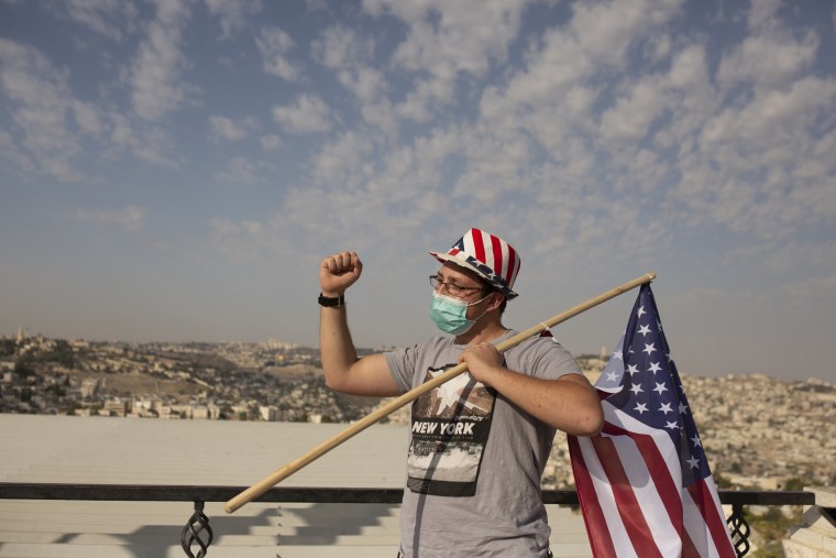 An Israeli supporter of President Donald Trump attends a rally for his re-election in Jerusalem on Oct. 27, 2020.