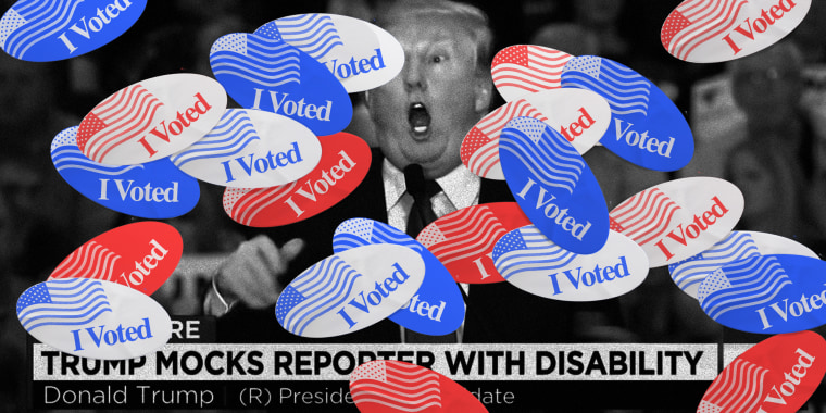 Image: A screengrab of a news broadcast with Trump is covered with red and blue \"I Voted\" stickers.The headline reads: Trump mocks reporter with disabilty.