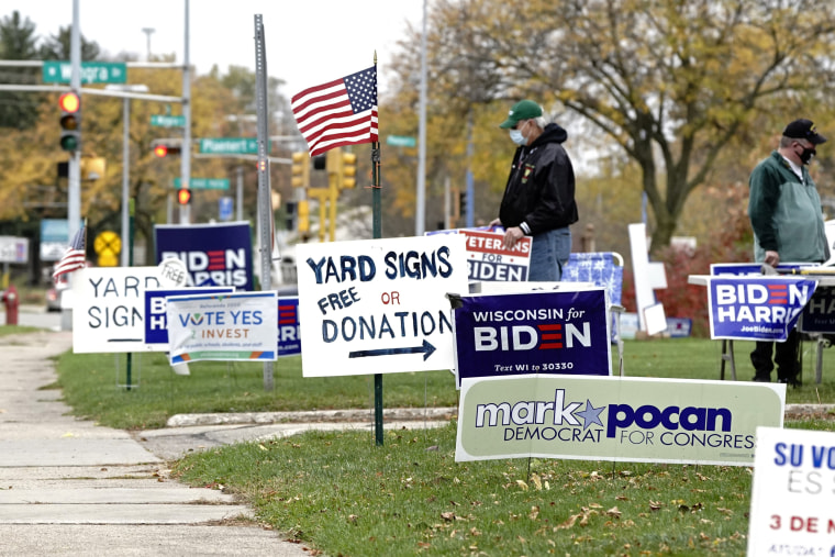 Image: Supporters of U.S. Democratic presidential candidate Joe Biden distribute campaign signs in Madison, Wisconsin