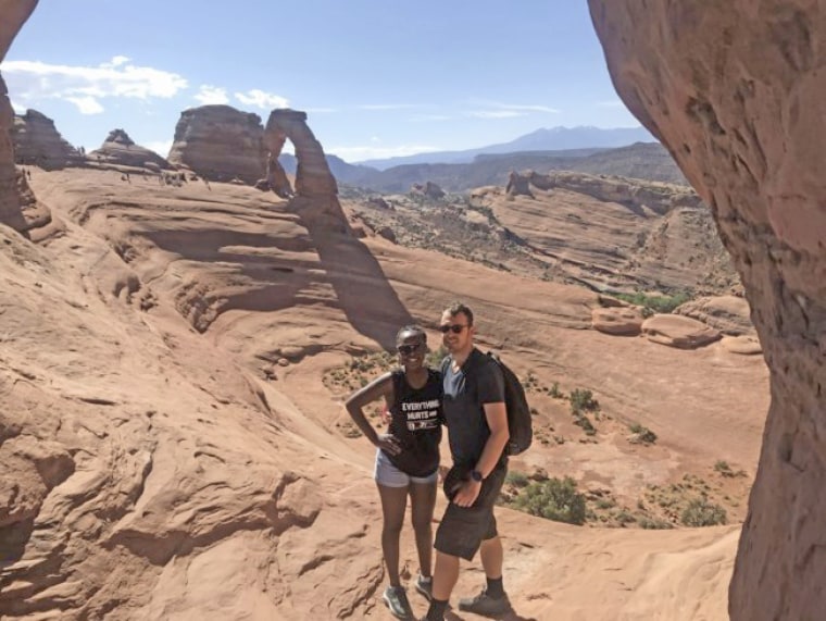 Esther Nakajjigo and Ludovic Michaud at Arches National Park in eastern Utah. This photo was taken hours before a gate swung into the couple's car, killing Nakajjigo.