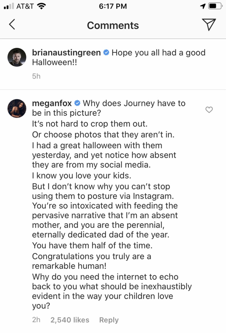 Megan Fox slammed ex-husband Brian Austin Green for sharing a Halloween photo of their son. The post and original comment has since been deleted. 