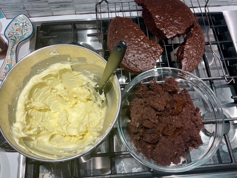 Make the cake mixture by combining cream cheese, butter and sugar with crumbled cake.