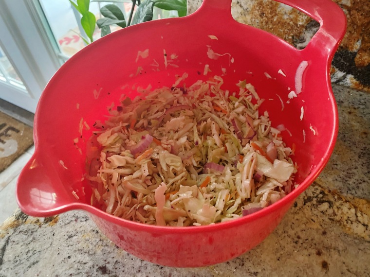 For the slaw in my Ronto Wraps, I used Clark's time-saving hack of purchasing store-bought slaw mix.