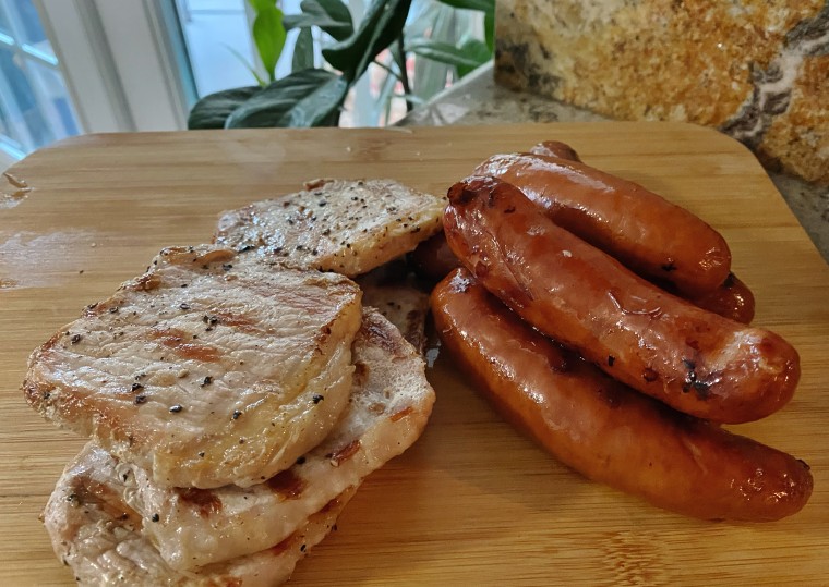 Ronto Wraps are all about the meat. Grilled pork chops and pork sausage are part of the at-home recipe.