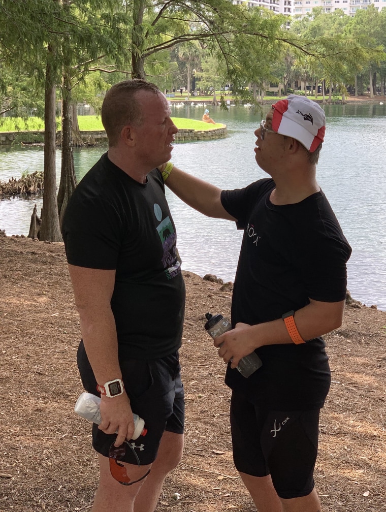 When things look tough, Chris Nikic and his race partner Dan Grieb share a "hug of vulnerability," which helps Chris refocus on his event and boosts his confidence. 