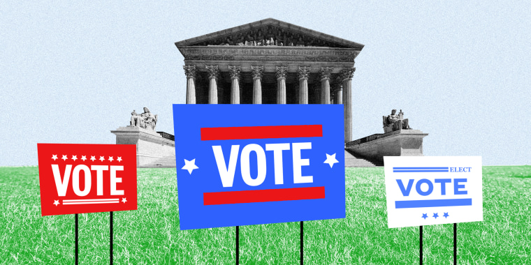 Image: Three lawn signs that read 'VOTE' with the Supreme Court in the background