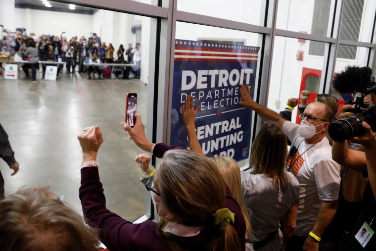 Image: Supporters of President Donald Trump bang on the glass and chant slogans outside the room where absentee ballots for the 2020 general election are being counted at TCF Center