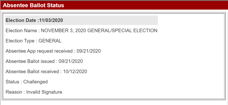 The status of Lanterman's ballot had been updated to "challenged" due to an invalid signature.