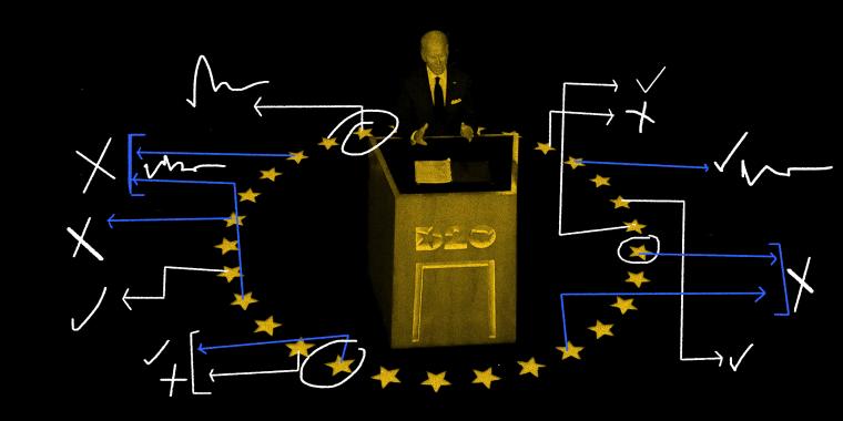 Image: Crosses, scribbles and tick marks over an black and yellow image of Joe Biden at the podium with a circle of stars around him.