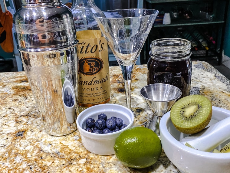 My at-home Baby Yoda cocktail station featured vodka, limes, kiwis, blueberries, demerara syrup and bitters.