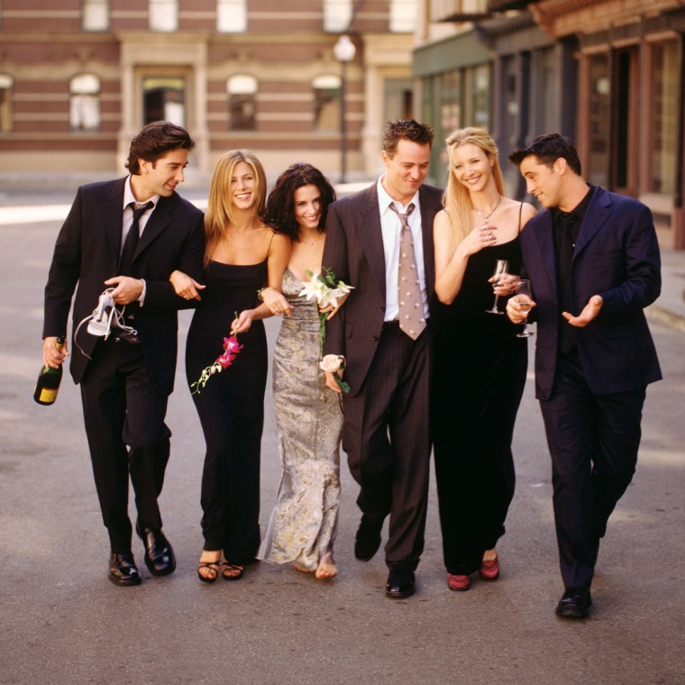 "Friends" stars David Schwimmer, Jennifer Aniston, Courteney Cox, Matthew Perry, Lisa Kudrow, Matt LeBlanc