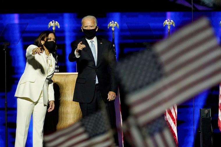 Image: Democratic vice-presidential nominee Kamala Harris introduces Democratic 2020 U.S. presidential nominee Joe Biden at an election rally, after news media announced that Biden has won the 2020 U.S. presidential election, in Wilmington, Delaware