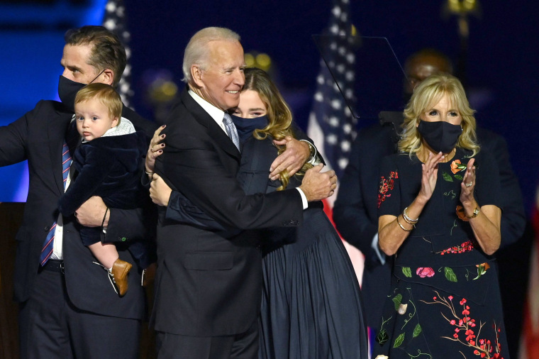Image: President-elect Joe Biden hugs his granddaughter in Wilmington, Del., on Nov. 7, 2020, after being declared the winners of the presidential election.