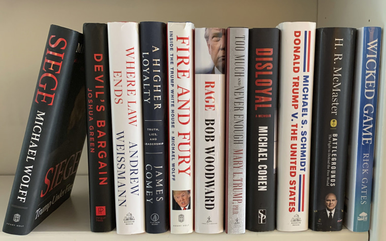 Image: A collection of books about President Donald Trump,
