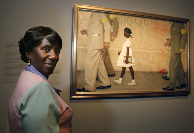 Image: Lucille Bridges looking at the original 1964 Norman Rockwell painting showing her daughter Ruby, \"The Problem We All Live With,\" inside the Museum of Fine Arts in  Houston.