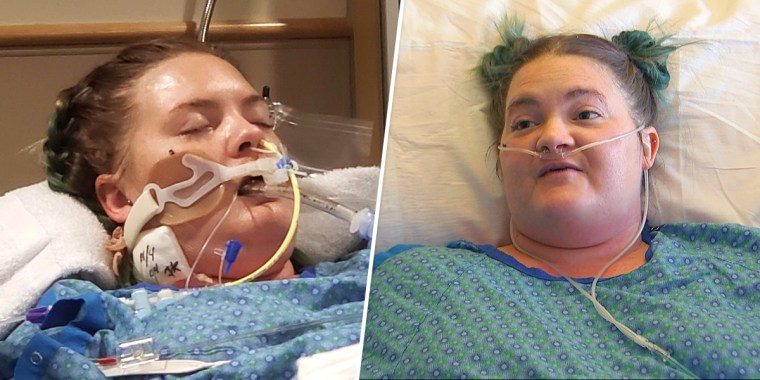 36-year-old Kelly Meeker in her hospital room, while on a ventilator and after being taken off, speaking in an interview with NBC News.
