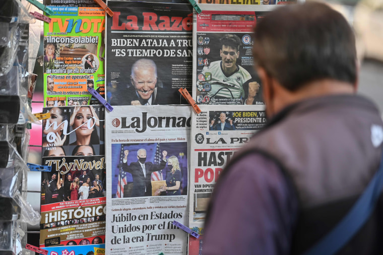 Image: A collection of Mexican newspaper front pages, headlines featuring the 2020 U.S. general election results