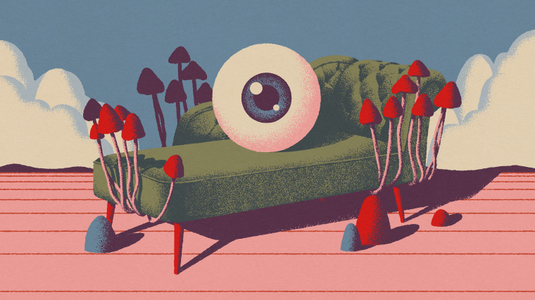 Image: A minds eye sits on a therapists couch surrounded by growing magic mushrooms in the clouds.
