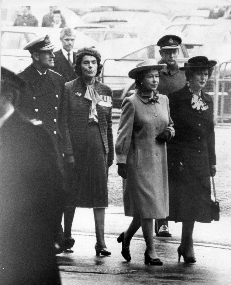 Queen Elizabeth II, Margaret Thatcher, Prince Philip and Lady Mountbatten at the unveiling of the tribute statue to Lord Mountbatten, November 1983.