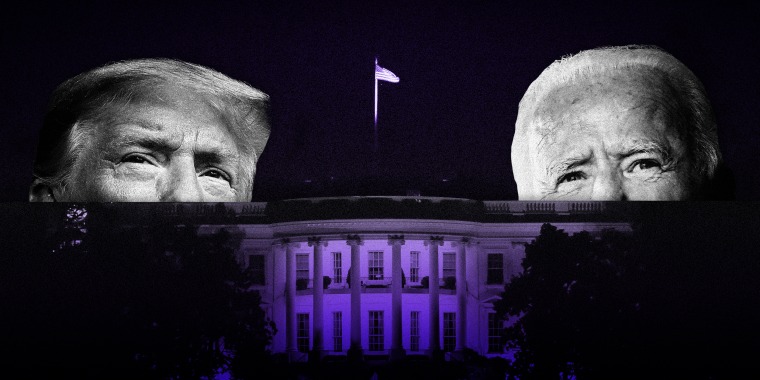 Image: Donald Trump and Joe Biden peek out over a purple White House in shadow at night.