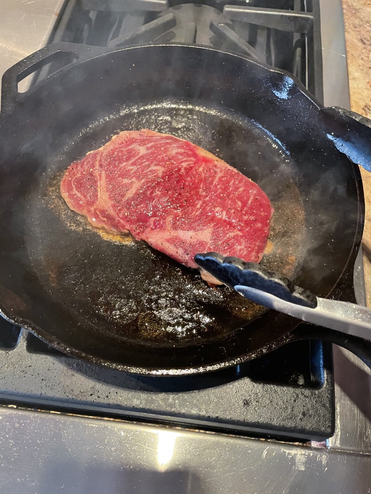 The steak should sizzle when placed in the skillet. This is a good indicator you have properly preheated your skillet.