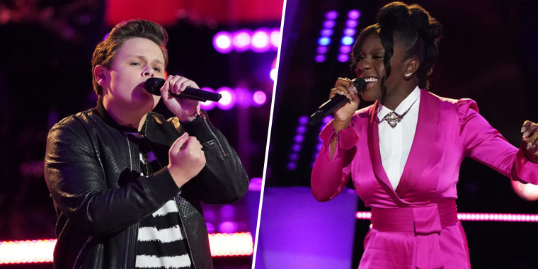"The Voice" contestants Carter Rubin, 14, and Larriah Jackson, 15, battle it out on Monday's episode.