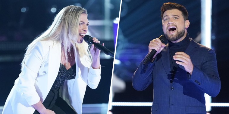 Marisa Corvo and Ryan Gallagher perform in the battle rounds of "The Voice" in an episode that aired on Nov. 16, 2020.