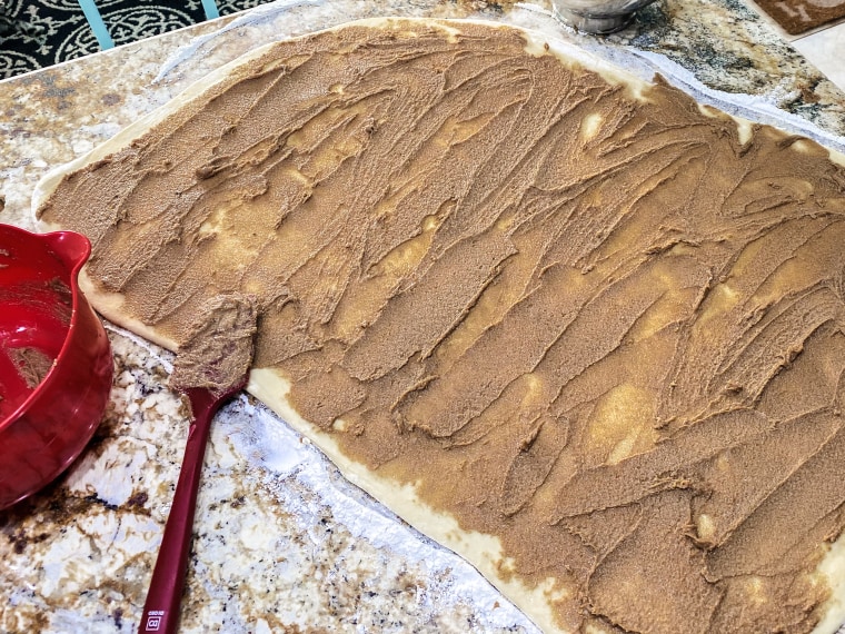 My cinnamon roll dough, ready to be rolled and sliced.