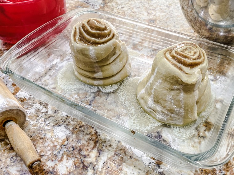 The recipe makes two gigantic cinnamon rolls, enough to feed a family of four with leftovers for the next day.