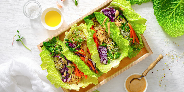 Vegan detox spring rolls with quinoa, sprouts and Thai peanut sauce