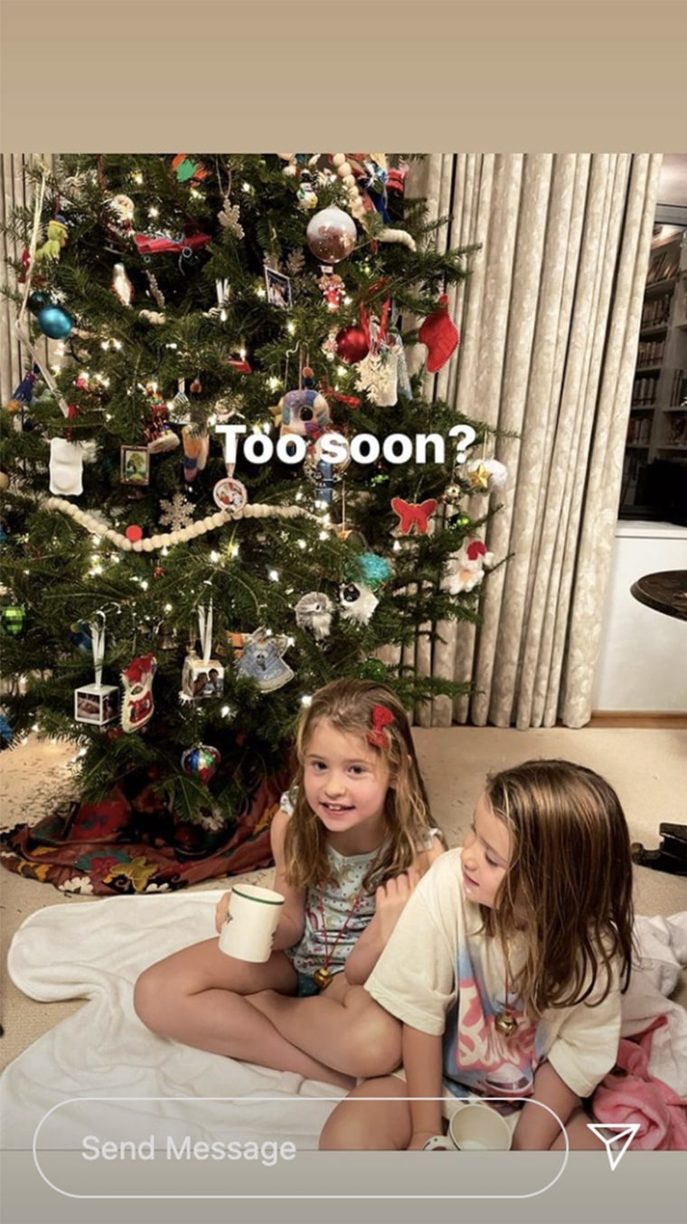 Mila and Poppy sit in front of their Christmas tree.