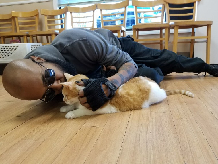 Sterling TrapKing Davis cuddles a cat on the floor.