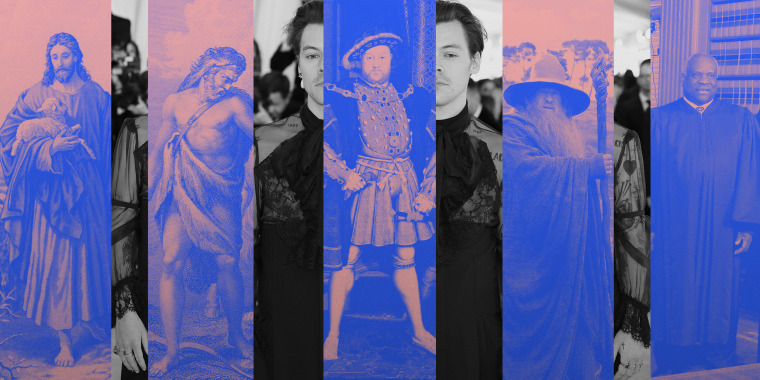 Image: Five slices show drawing of Jesus, Hercules, Henry VIII, images of Gandalf and Clarence Thomas in a robe with a pink and blue color overlay. Black and white image of Harry Styles is interspersed within the slices.