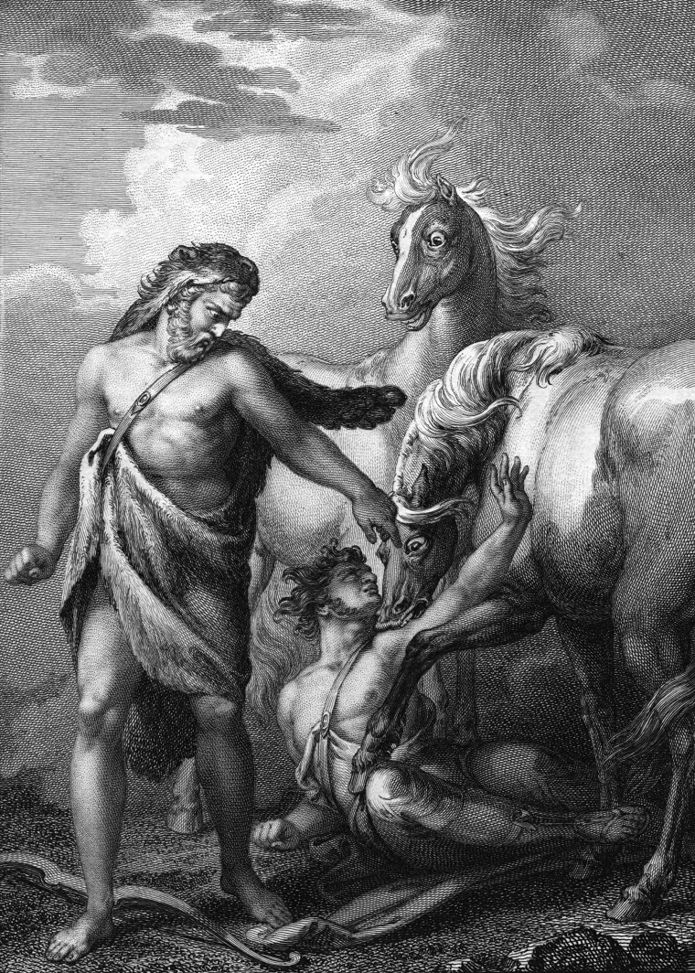 Image: Engraving depicting Hercules watching Kind Diomedes of Thrace being eaten by horses