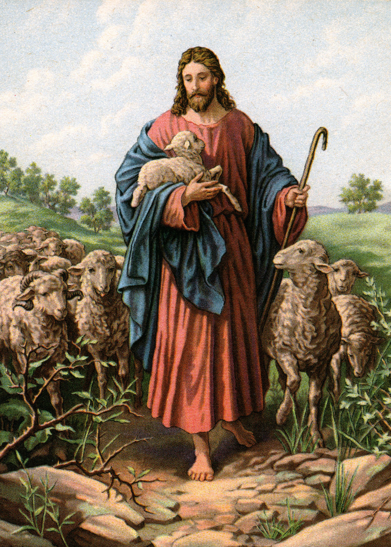 Image: Vintage illustration of The Good Shepherd with Jesus holding a lamb